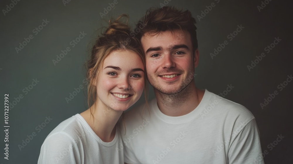 Obraz premium Happy Young Couple Smiling Together in Studio Light