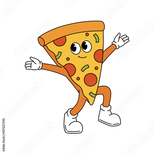 Funny Pizza Slice Retro Cartoon Character Waving.