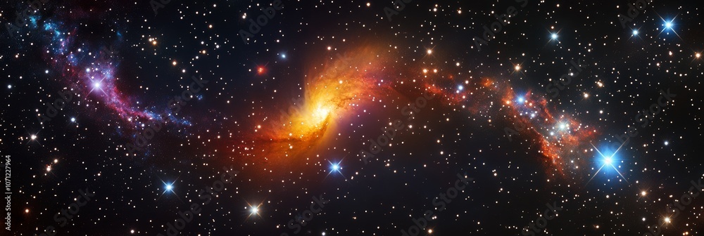 A swirling spiral galaxy in vibrant colors, with bright stars scattered across the dark expanse of space A swirling spiral galaxy in vibrant colors, with bright stars scattered across the dark expanse of space