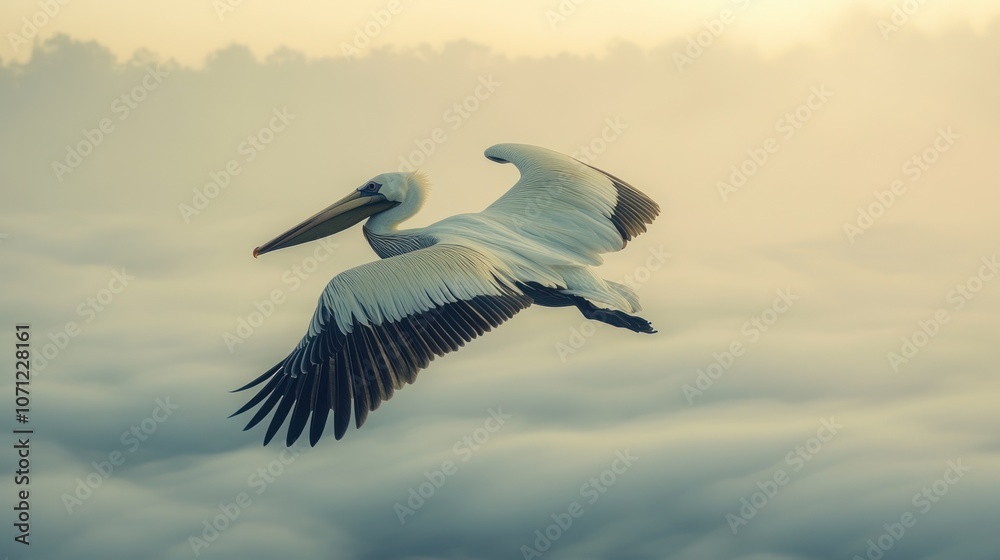 Fototapeta premium Pelican in Flight Over Misty Landscape