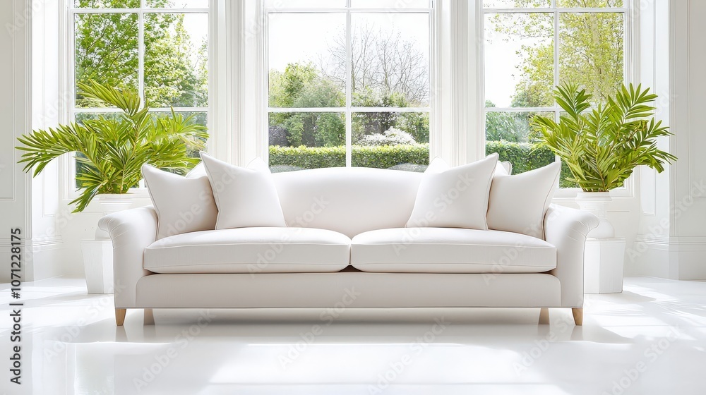 Large sofa with deep cushions, ideal for lounging, positioned in a sunlit living room. Relaxing and airy.