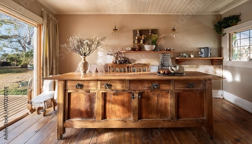  A farmhouse buffet complements a rustic dining room with natural wood tones 