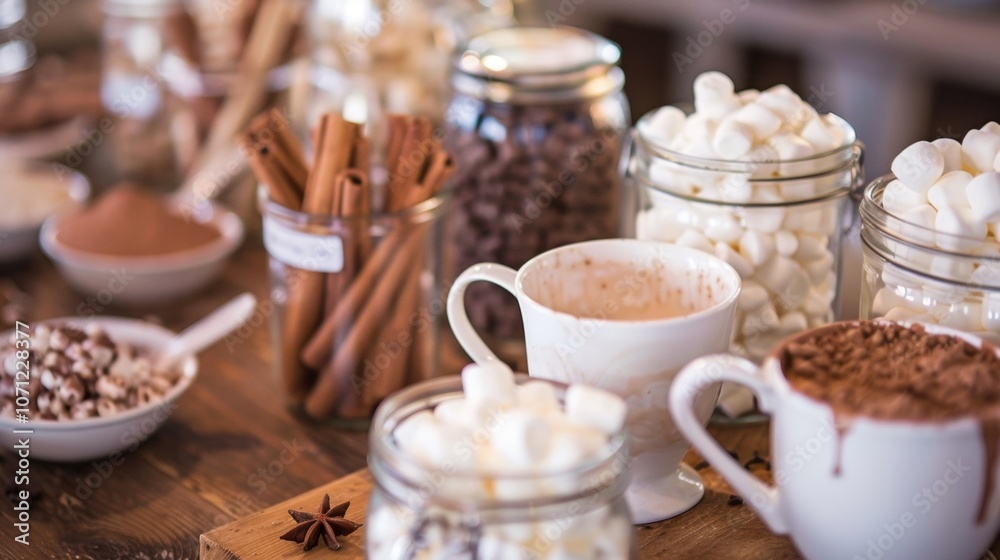 A DIY hot chocolate station with jars of toppings and mixins like marshmallows Nutella and cinnamon sticks for guests to create their own custom mug.