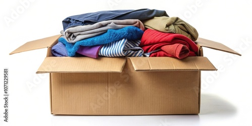Close up of assorted clothes neatly packed in a cardboard box parcel for resale or donation, clothes, cardboard box