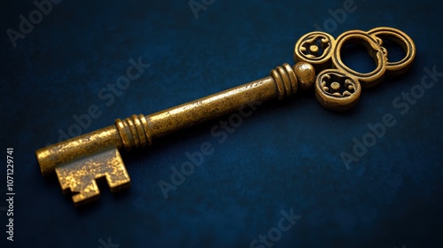 A vintage brass key with intricate details, lying on a dark blue textured background.