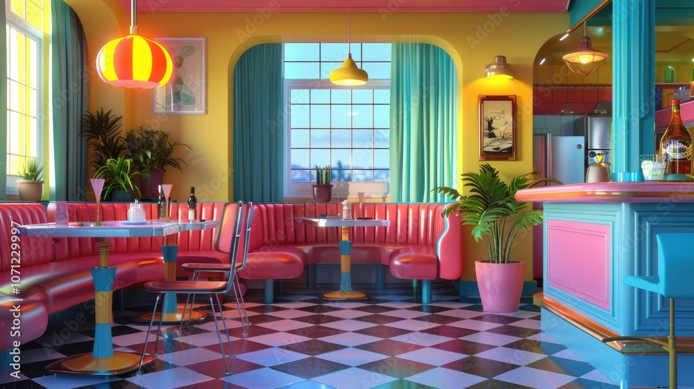 Fototapeta premium Retro diner interior with colorful booths, checkered floor, and large windows.