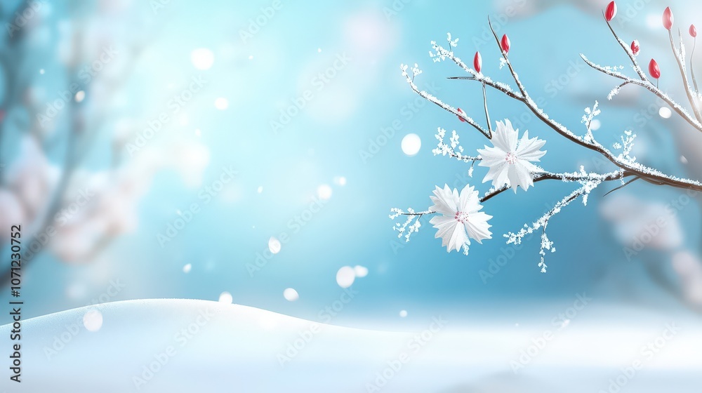 Soft falling snowflakes over a blurred wintery background, delicate and tranquil feel, frosty white and blue tones Soft falling snowflakes over a blurred wintery background, delicate and tranquil feel, frosty white and blue tones