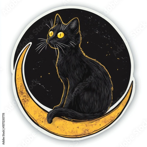 Cute black cat sitting on crescent moon. Vector illustration.