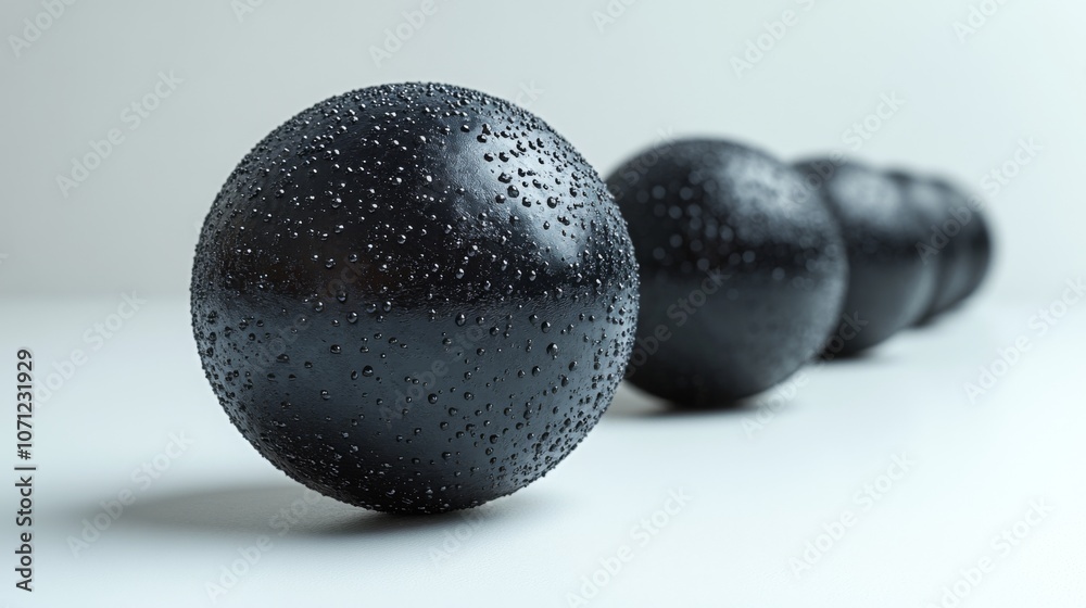 Black Spheres with Water Drops on White Background Black Spheres with Water Drops on White Background