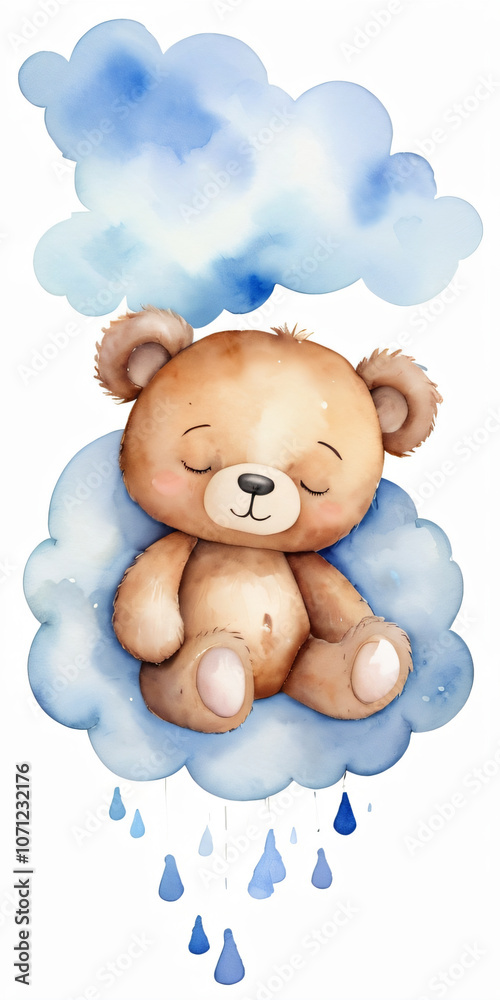 A teddy bear sleeps peacefully on fluffy clouds in a watercolor dream. A teddy bear sleeps peacefully on fluffy clouds in a watercolor dream.