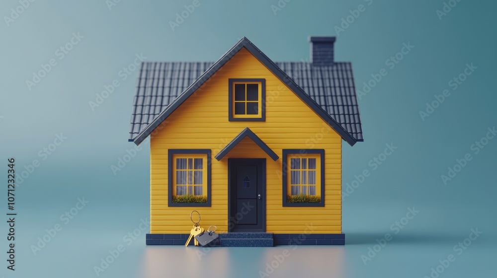 A yellow house with a blue roof and key on the front step. A yellow house with a blue roof and key on the front step.