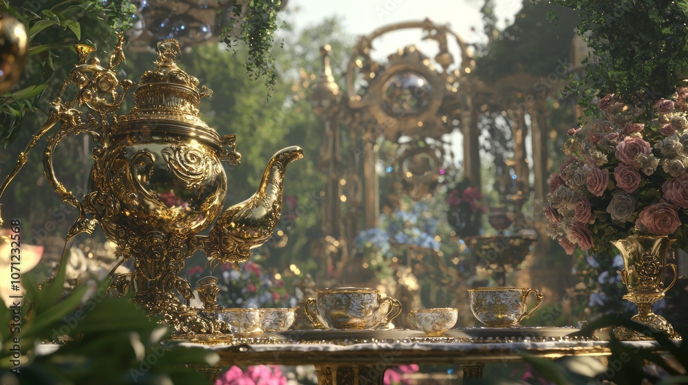 Obraz premium Enchanted Steampunk Tea Party in a Mechanical Garden 3D Render Artwork
