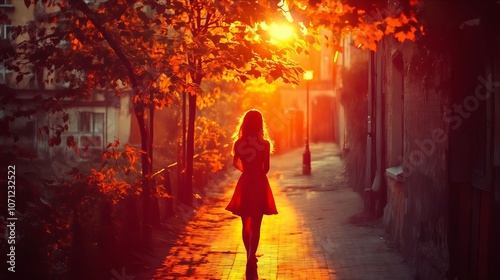 A woman in a red dress walking down a city street at sunset