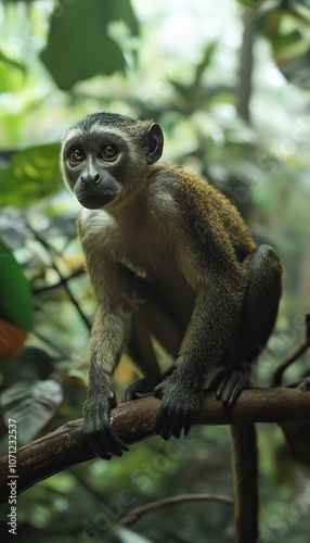photo realistic monkey in a rain forest preserved, biodiversity. daylight.generative ai