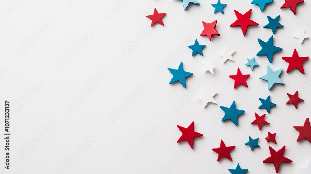 Colorful arrangement of red, white, and blue stars on a light background for festive decoration Colorful arrangement of red, white, and blue stars on a light background for festive decoration