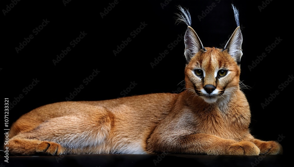 A caracal, a medium-sized wild cat with distinctive long, tufted ears, lies down against a black background