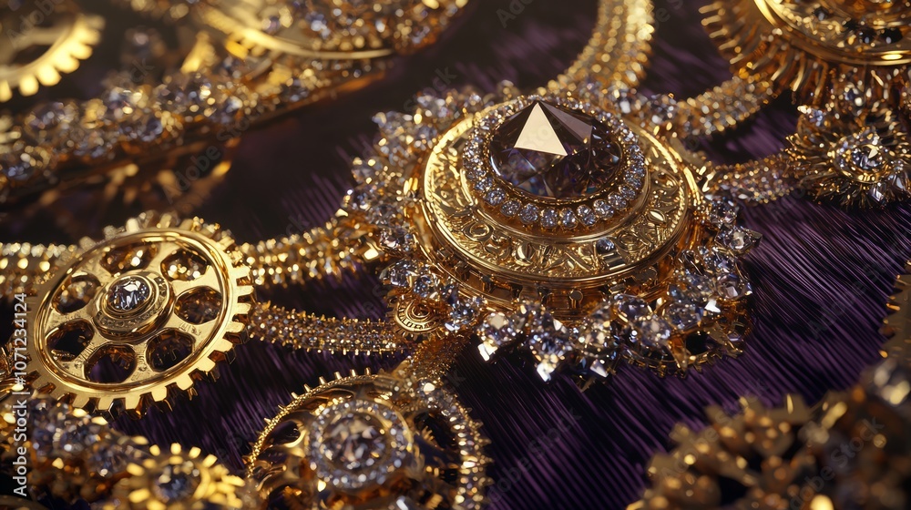 Steampunk Elegance: Intricate Gear and Crystal Jewelry Piece on Velvet Cushion | Ultra-Detailed 3D Render