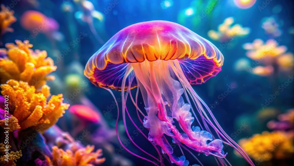 Obraz premium Jellyfish gracefully swimming in a colorful aquarium tank, jellyfish, dangerous, aquarium, underwater, marine life