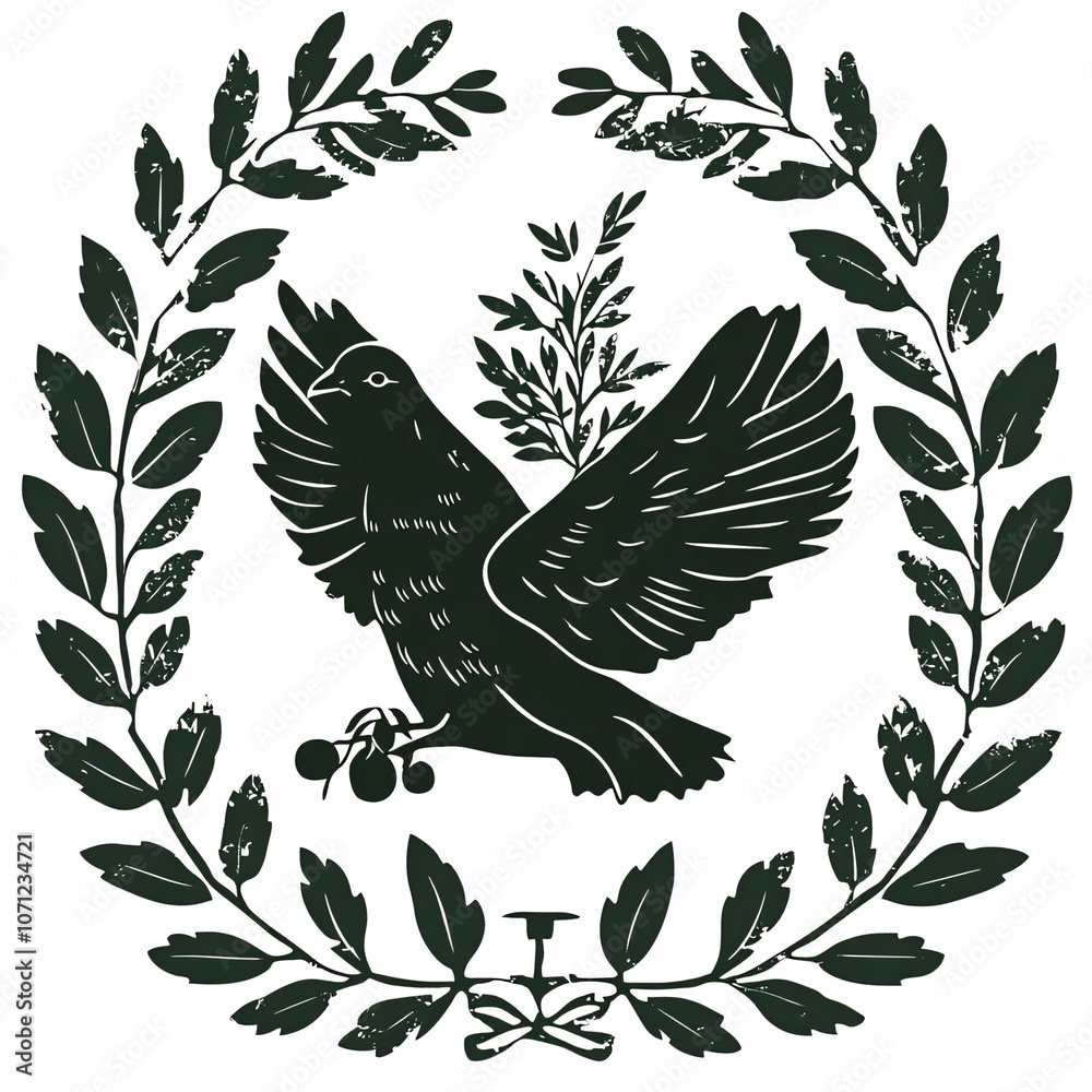 Obraz premium A stylized emblem featuring a crow with wings spread, surrounded by a laurel wreath and olive branches, symbolizing strength and peace.