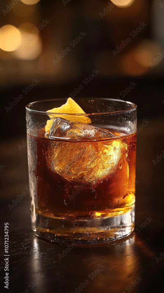 Elegant Whiskey Cocktail with Ice Sphere and Orange Peel Garnish on Dark Bar Background Perfect for Cocktail Enthusiasts and Whiskey Lovers Elegant Whiskey Cocktail with Ice Sphere and Orange Peel Garnish on Dark Bar Background Perfect for Cocktail Enthusiasts and Whiskey Lovers