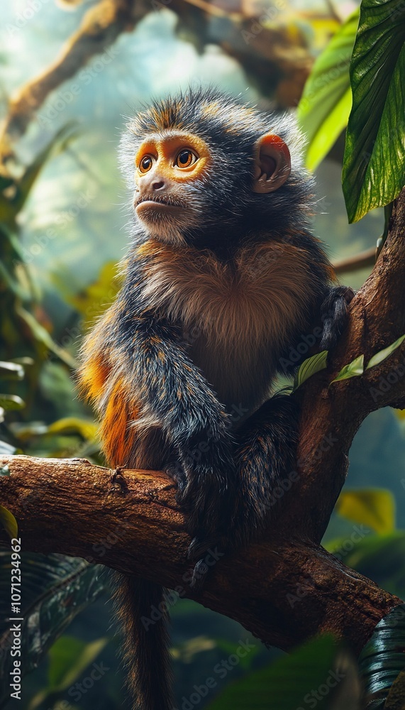 Obraz premium photo realistic monkey in a rain forest preserved, biodiversity. daylight.generative ai