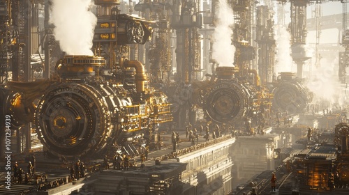 Retro-Futuristic Steampunk Factory: Industrial Workers in Ultra-Detailed 3D Rendered Scene