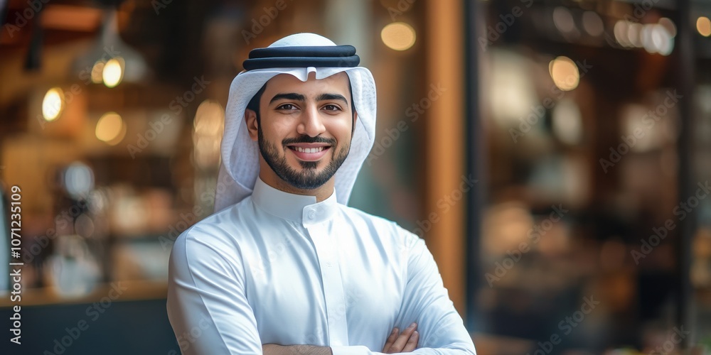 Obraz premium Confident Young Arab Man Smiling in Traditional Attire at a Modern Cafe