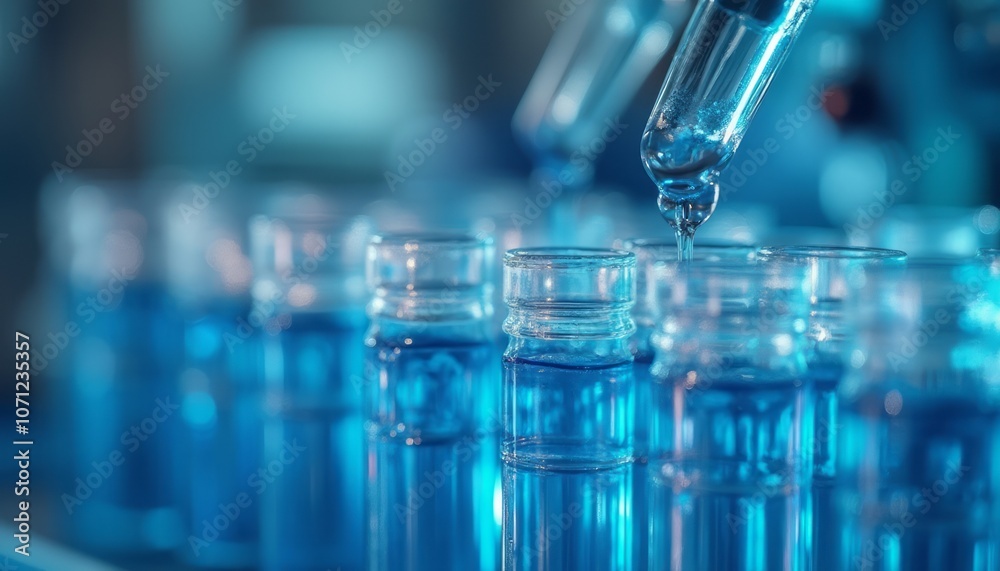 A pipette is used to handle liquid samples in a set of blue test tubes in a laboratory, symbolizing scientific research and precision. The scene emphasizes science, technology, and experiments. A pipette is used to handle liquid samples in a set of blue test tubes in a laboratory, symbolizing scientific research and precision. The scene emphasizes science, technology, and experiments.