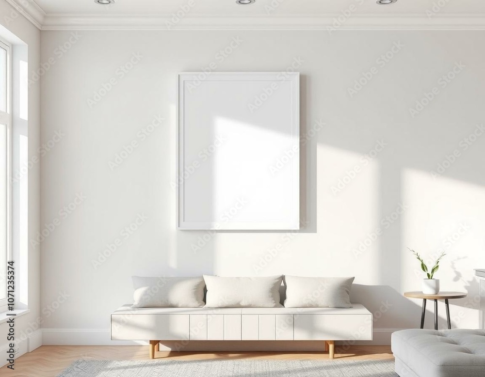 Fototapeta premium Stylish living room with blank vertical frame mockup above light-colored sofa