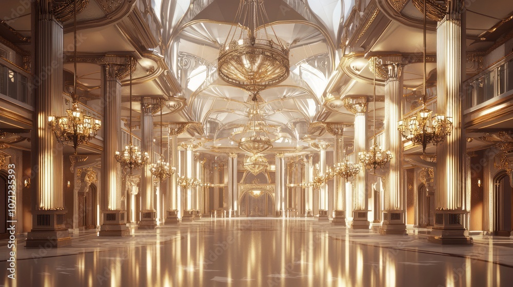 Fototapeta premium Victorian Steampunk Ballroom Extravaganza - Ultra-Detailed 3D Render with Elegant Figures and Clockwork Chandeliers