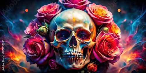 Double Exposure Teschio Rose, Skull Flower, Surreal Photography, Artistic AI Image