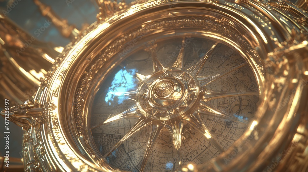 Fototapeta premium Steampunk Brass Compass on Vintage Map - Ultra-Detailed 3D Render Digital Artwork