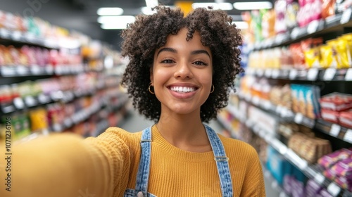 Smiling Young Woman Taking Selfie in Grocery Store Aisle