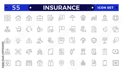 Insurance Outline icons set. Life, medical, car, travel, house, healthcare, money and social insurance, education, insurance, law, government  thin line icon pack. Outline icons collection.