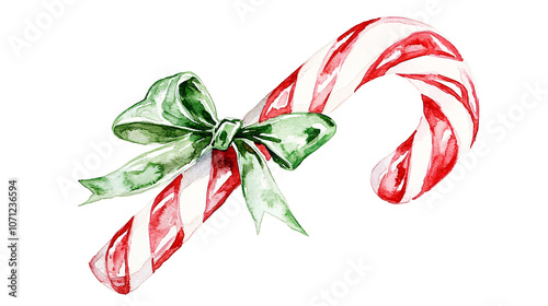 Whimsical watercolor candy cane with green bow detail