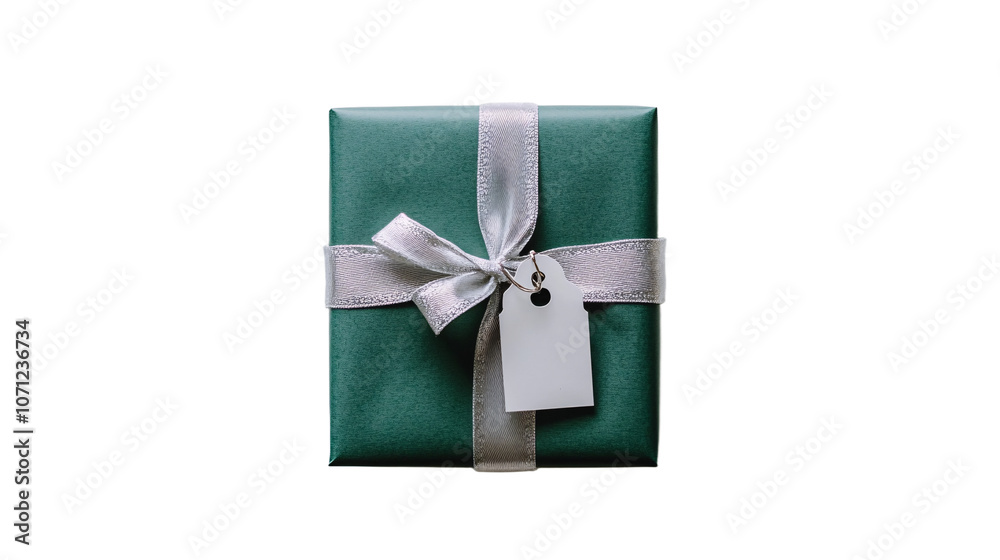 Elegant green gift box with silver ribbon and tag Elegant green gift box with silver ribbon and tag
