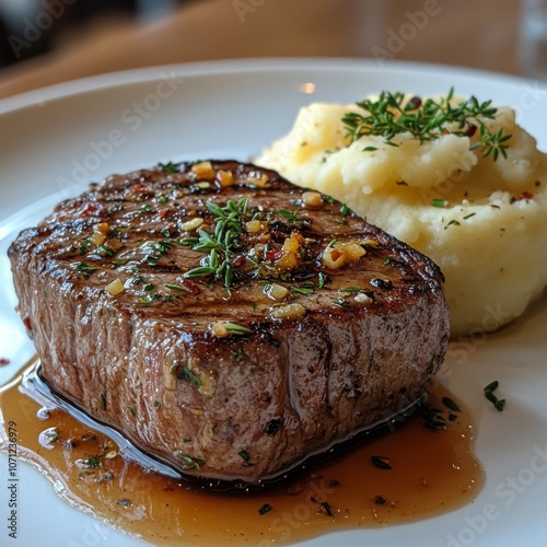 Grilled Steak with Mashed Potatoes and Herbs photo