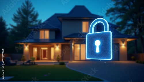 A modern smart home with a glowing padlock and shield overlaid on it symbolizes a safe and secure home. 
