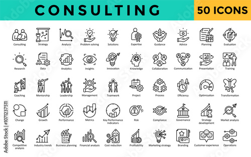 Consulting icons set with consulting, strategy, analysis, problem solving, solutions, expertise, guidance, advice, planning, evaluation icon. Simple line vector 
