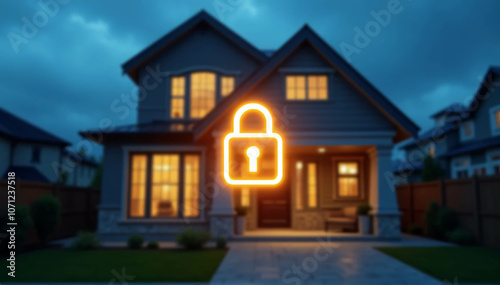 A modern smart home with a glowing padlock and shield overlaid on it symbolizes a safe and secure home. 
