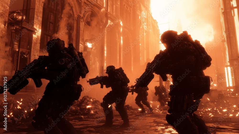 Cogs of War: Epic Steampunk Battle Scene with Armored Soldiers and Mechanical Enhancements amidst Smoky Battlefield and Victorian Architecture Cogs of War: Epic Steampunk Battle Scene with Armored Soldiers and Mechanical Enhancements amidst Smoky Battlefield and Victorian Architecture
