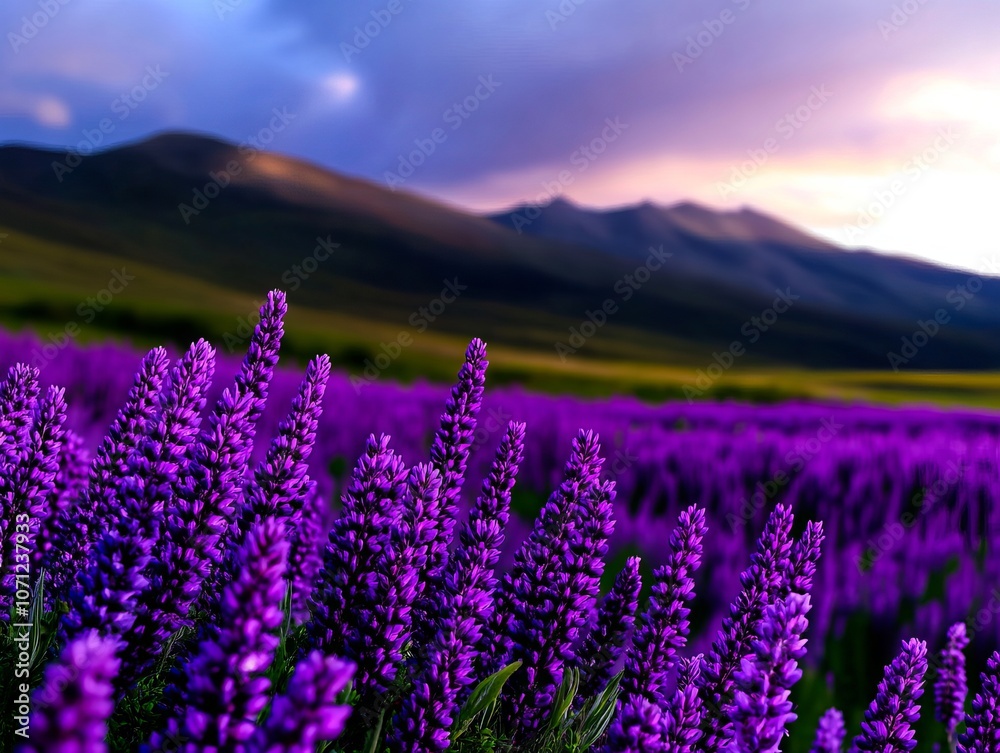 Obraz premium A field of purple flowers with mountains in the background