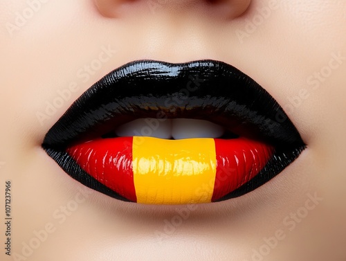 A close up of a woman's mouth with a flag painted on it photo