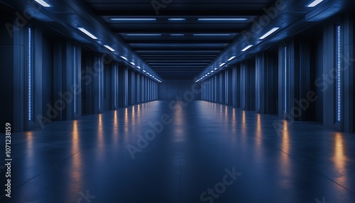 A futuristic corridor illuminated by blue lights, featuring sleek walls and a reflective floor, creating a high-tech, ambient atmosphere.