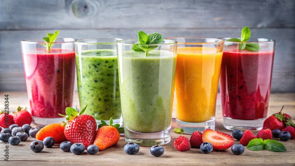Colorful fruit, berry, and vegetable smoothies in glasses for a healthy lifestyle , smoothie, fruit, berry, vegetable Colorful fruit, berry, and vegetable smoothies in glasses for a healthy lifestyle , smoothie, fruit, berry, vegetable