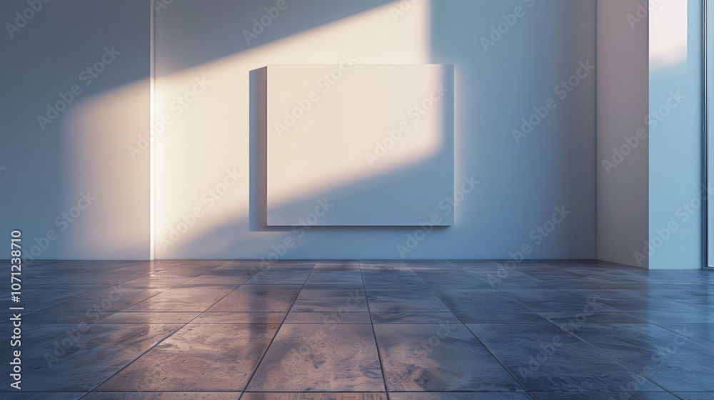 A large, blank canvas hangs on a white wall in a modern gallery, bathed in the warm glow of sunlight streaming through a window. The room is minimalist, with a tiled floor. A large, blank canvas hangs on a white wall in a modern gallery, bathed in the warm glow of sunlight streaming through a window. The room is minimalist, with a tiled floor.