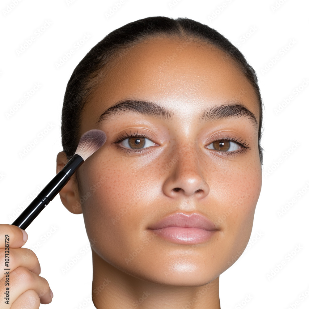 Close-up of a young woman applying makeup with a brush on a transparent background, highlighting natural beauty and skincare routine Close-up of a young woman applying makeup with a brush on a transparent background, highlighting natural beauty and skincare routine