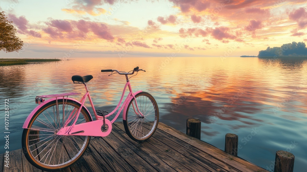 Fototapeta premium Serene Sunset with Pink Bicycle by the Water