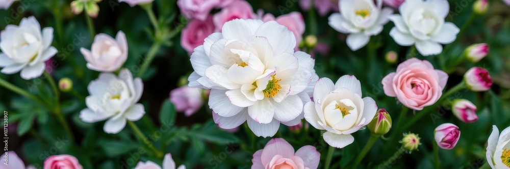 Close-up of delicate pink and white ranunculus flowers in full bloom, spring, beauty Close-up of delicate pink and white ranunculus flowers in full bloom, spring, beauty