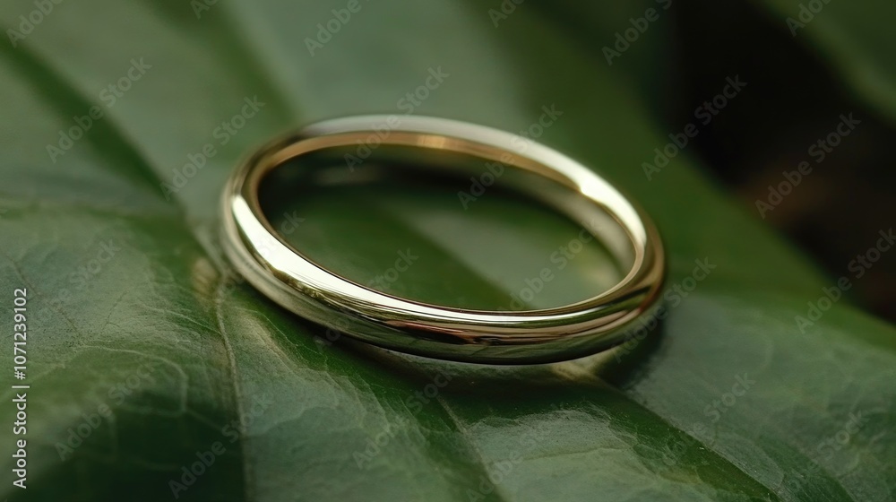 Elegant Gold Ring on Green Leaf Background Elegant Gold Ring on Green Leaf Background